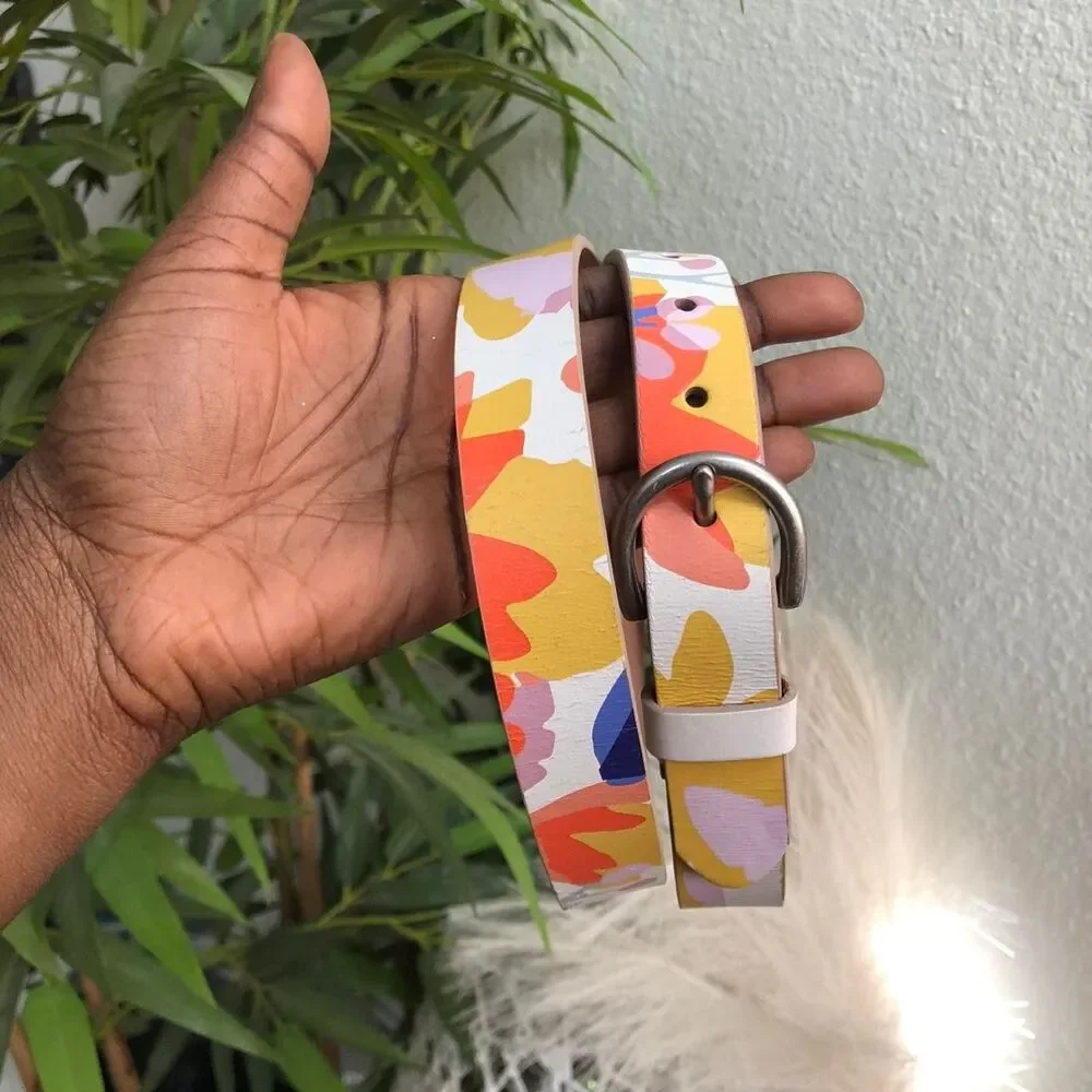 Fossil floral multi colorful boho indie hippie summer beach belt silver buckle-M